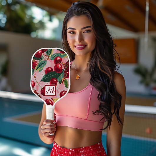 Cheery Cherry Retro Roze Monogrammed Pickleball Paddle