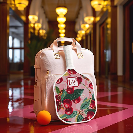 Cheery Cherry Retro Roze Monogrammed Pickleball Paddle