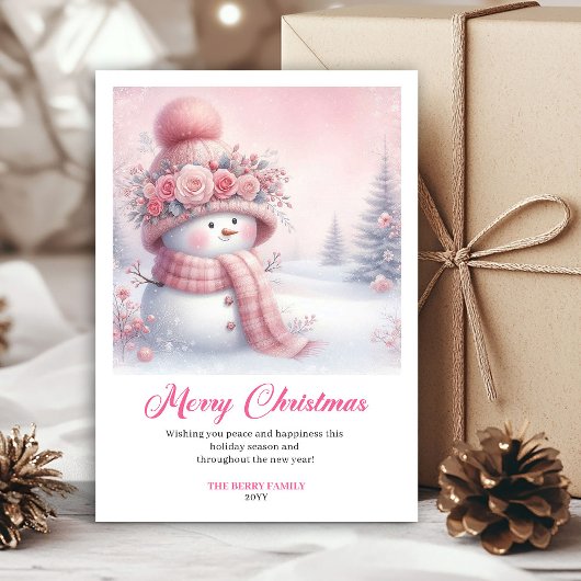 Cheery pink snowman kids greeting card printable feestdagenkaart