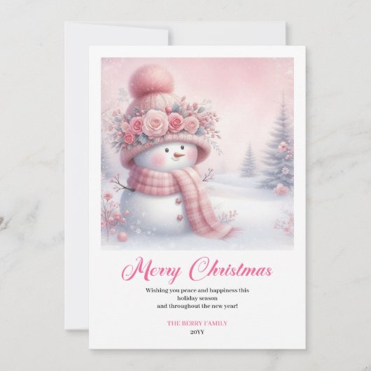 Cheery pink snowman kids greeting card printable feestdagenkaart (Voorkant)