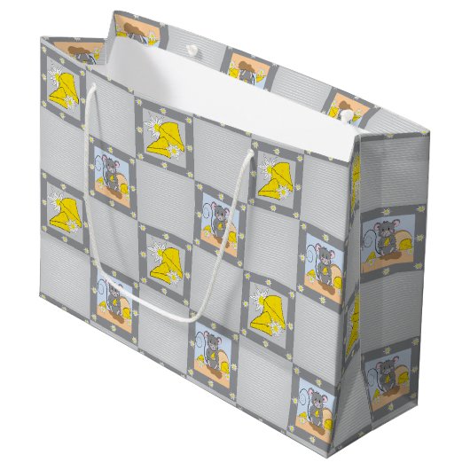 Cheese and Mouse Baby shower Geel Grijs Cadeauzakj Groot Cadeauzakje (Voorkant Gekanteld)