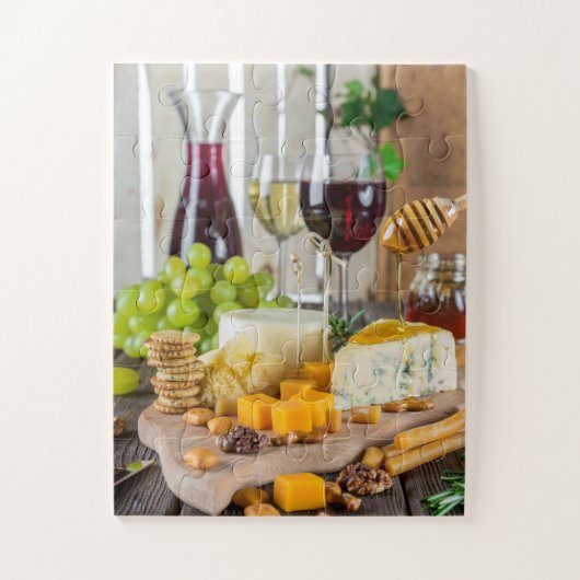 Cheese Wine Honey Walnuts Grapes Crackers Food Legpuzzel (Verticaal)
