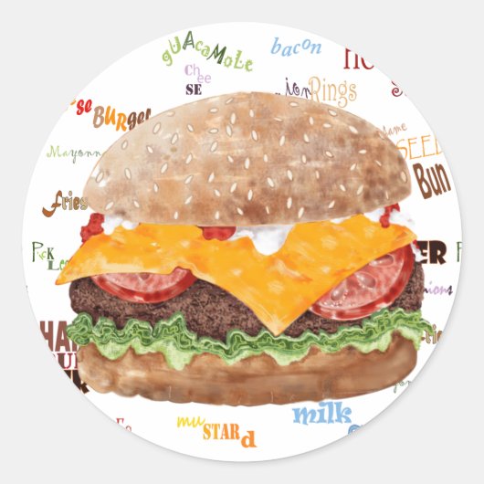 Cheeseburger BBQ Grill Fastfood Ronde Sticker (Voorkant)
