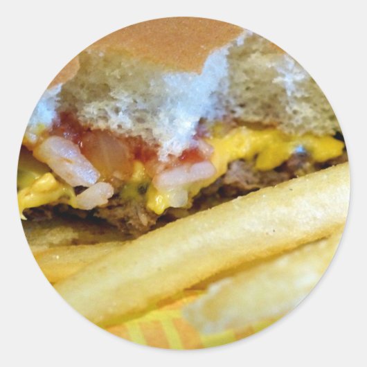 Cheeseburger en Fries Ronde Sticker (Voorkant)