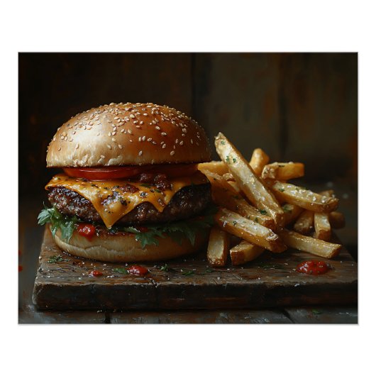 Cheeseburger en knoflookfrietschilderij perfect poster (Voorkant)