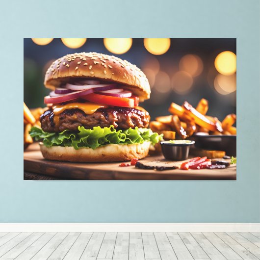Cheeseburger & Frites Canvas Afdruk (Insitu (Houten vloer))