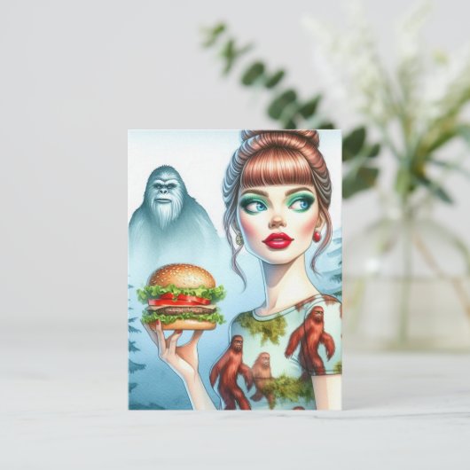 Cheeseburger in het bos met Sasquatch Briefkaart (Staand voorkant)