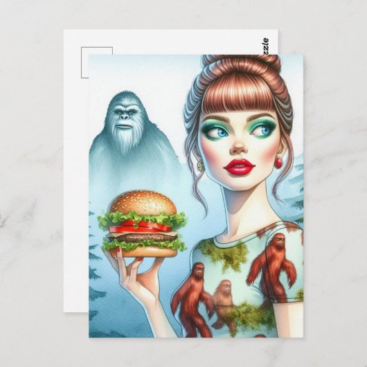 Cheeseburger in het bos met Sasquatch Briefkaart (Voorkant / Achterkant)