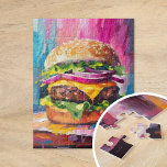 Cheeseburger Kleurrijke Moderne Abstracte Kunst Legpuzzel<br><div class="desc">Een leuke en speelse moderne kunstschildering van een gigantische geladen cheeseburger. Het kunstwerk wordt tot leven gebracht met gestructureerde, abstracte penseelstreken in levendige kleuren zoals roze, blauw en geel. Het gedurfde gebruik van kleur en overdreven schaal geven de cheeseburger een energiek, grillig gevoel. Dit levendige, fantasierijke stuk combineert pop cultuur...</div>