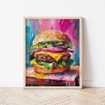 Cheeseburger Kleurrijke Moderne Abstracte Kunst Poster<br><div class="desc">Een leuke en speelse moderne kunstschildering van een gigantische geladen cheeseburger. Het kunstwerk wordt tot leven gebracht met gestructureerde, abstracte penseelstreken in levendige kleuren zoals roze, blauw en geel. Het gedurfde gebruik van kleur en overdreven schaal geven de cheeseburger een energiek, grillig gevoel. Dit levendige, fantasierijke stuk combineert pop cultuur...</div>