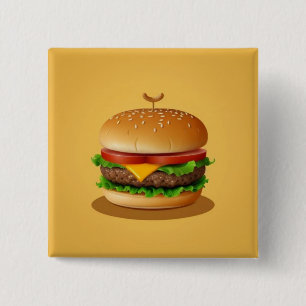 Cheeseburger met gele achtergrond vierkante button 5,1 cm