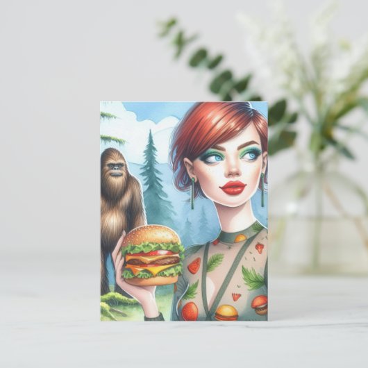 Cheeseburger met Sasquatch in het bos Briefkaart (Staand voorkant)