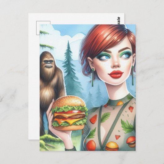 Cheeseburger met Sasquatch in het bos Briefkaart (Voorkant / Achterkant)
