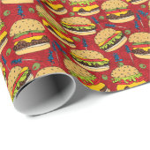 Cheeseburger Pattern Red Cadeaupapier (Rol Hoek)