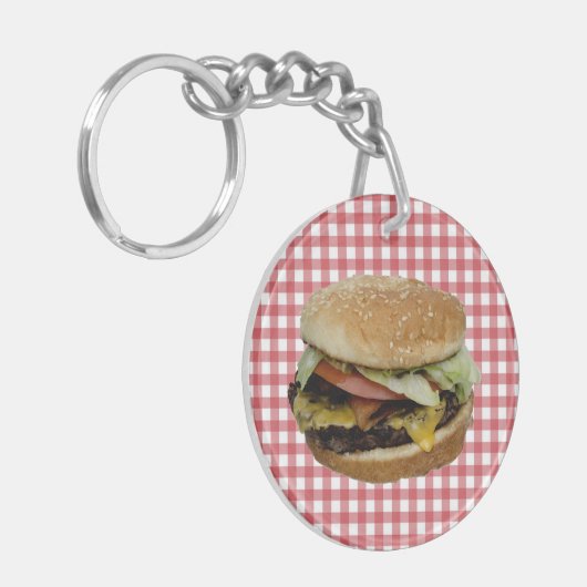 Cheeseburger, rode en witte achtergrond K Sleutelhanger (Voorkant Links)