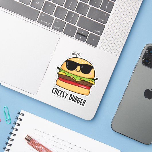 Cheesy Burger Grappige Voedsel Puns Sticker (Laptop met iPhone)