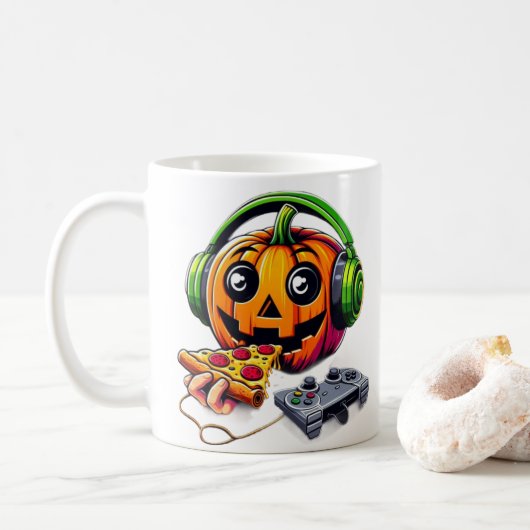 Cheesy Halloween Vibes: pompoen geniet van pizza g Koffiemok (Met donut)