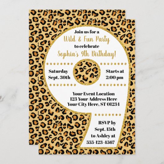 Cheetah 9th Birthday Uitnodiging | Safari Partij (Voorkant / Achterkant)