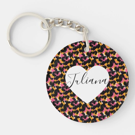 Cheetah Animal Print Roze Oranje Heart Keychain (Voorkant)