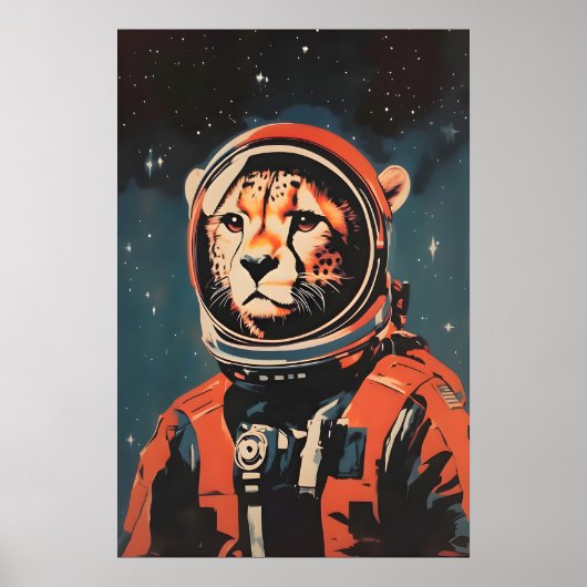 Cheetah Astronaut Poster, Cheetah Retro Print (Voorkant)