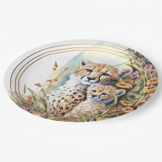 Cheetah Baby en mam Papieren Bordje (Gekanteld)