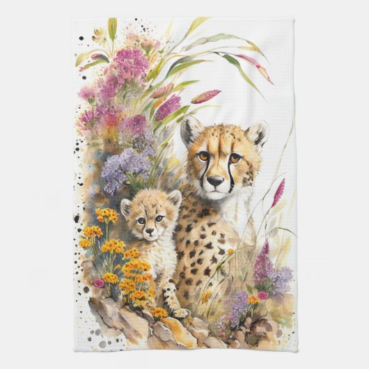 Cheetah Baby en mam Theedoek (Verticaal)
