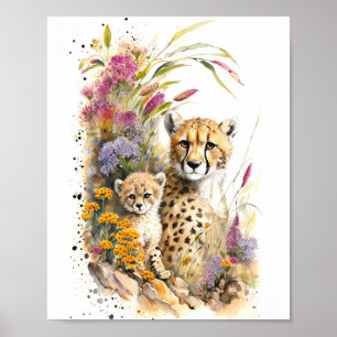 Cheetah Baby en mam Waterverf schilderen Poster