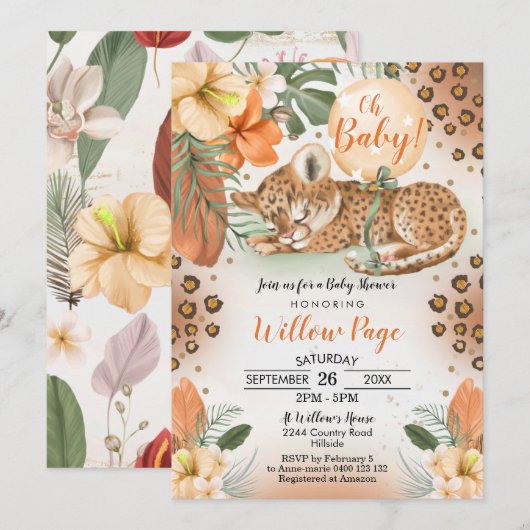 Cheetah Baby shower Invitation Safari Baby Kaart (Voorkant / Achterkant)