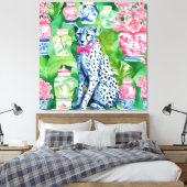 Cheetah, bananenbladeren en chinoiserie potjes canvas afdruk (Insitu (Slaapkamer))