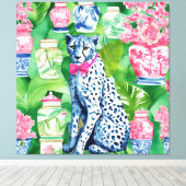 Cheetah, bananenbladeren en chinoiserie potjes canvas afdruk (Insitu (Houten vloer))