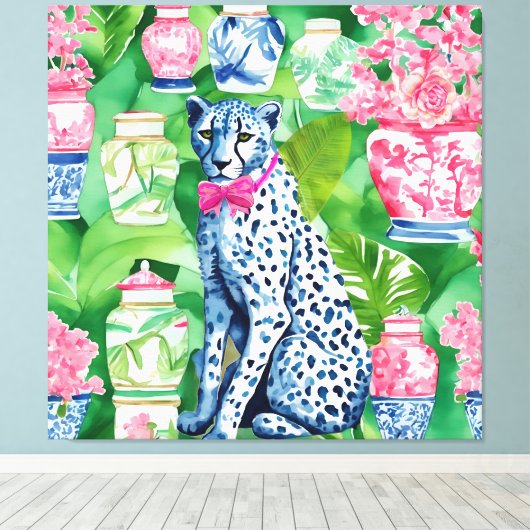 Cheetah, bananenbladeren en chinoiserie potjes canvas afdruk (Insitu (Houten vloer))