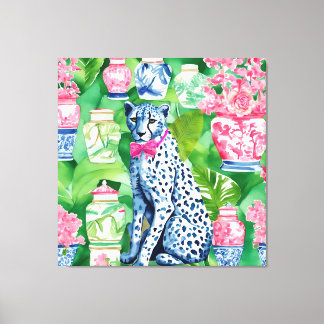Cheetah, bananenbladeren en chinoiserie potjes canvas afdruk