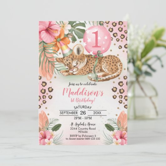 Cheetah Birthday Uitnodiging Cheetah 1e verjaardag (Staand voorkant)