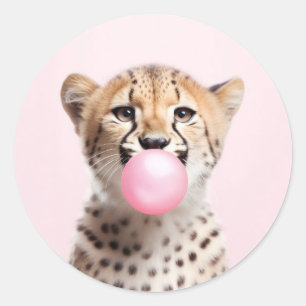 Cheetah blazen roze bubbel kauwgom speels ronde sticker