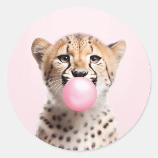 Cheetah blazen roze bubbel kauwgom speels ronde sticker (Voorkant)
