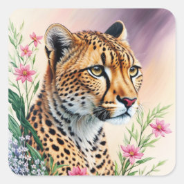 Cheetah bloemenschilderij katachtige kunst vierkante sticker