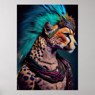 Cheetah Blue Feather Mohawk Weirdcore Rainbow Punk Poster