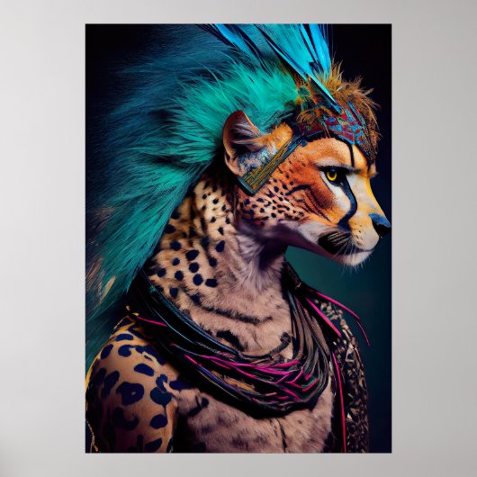 Cheetah Blue Feather Mohawk Weirdcore Rainbow Punk Poster (Voorkant)