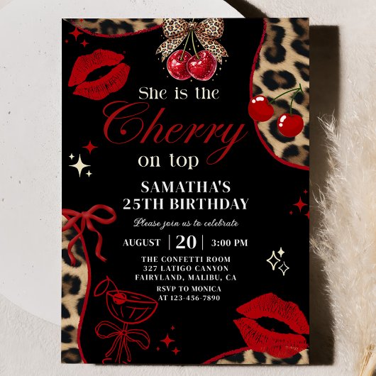 Cheetah Coquette Cherry On Top Birthday Invitation Kaart