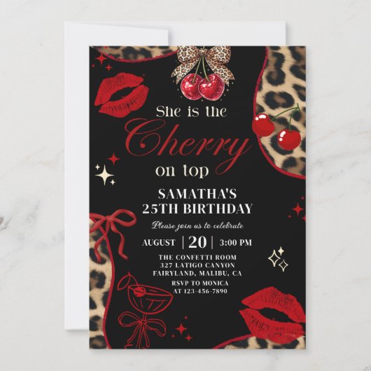 Cheetah Coquette Cherry On Top Birthday Invitation Kaart (Voorkant)