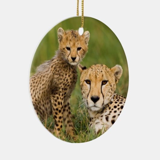Cheetah Cub en Parent in Grass Keramisch Ornament (Rechts)
