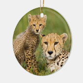 Cheetah Cub en Parent in Grass Keramisch Ornament (Links)