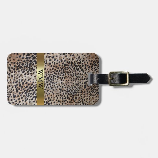 Cheetah Digitaal Leer Goud Metallic Monogram Lug Bagagelabel (Voorkant horizontaal)