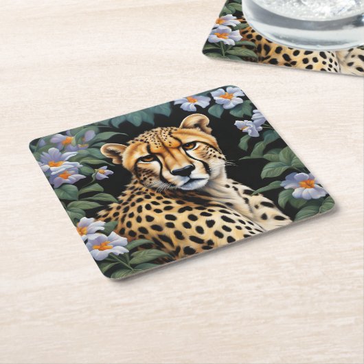 Cheetah en bloemen kartonnen onderzetters (Schuin)