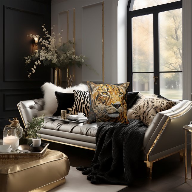 Cheetah Face Mozaïek Kat Stijlvol Zwart & Goud Kussen (Dramatic Cheetah Mosaic Style Pillow)