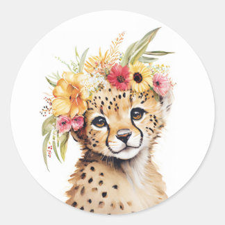 Cheetah Flower Crown Art Print Waterverf Kwekerij Ronde Sticker