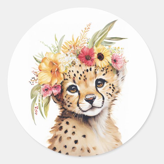 Cheetah Flower Crown Art Print Waterverf Kwekerij Ronde Sticker (Voorkant)
