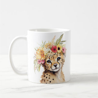 Cheetah Flower Crown Art Waterverf Safari Bloemen Koffiemok