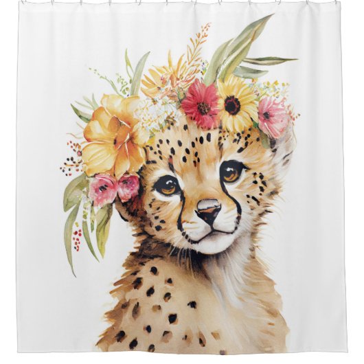 Cheetah Flower Crown Art Waterverf Safari Wild Douchegordijn (Voorkant)