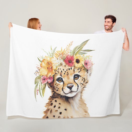 Cheetah Flower Crown Art Waterverf Safari Wild Fleece Deken (In situ)